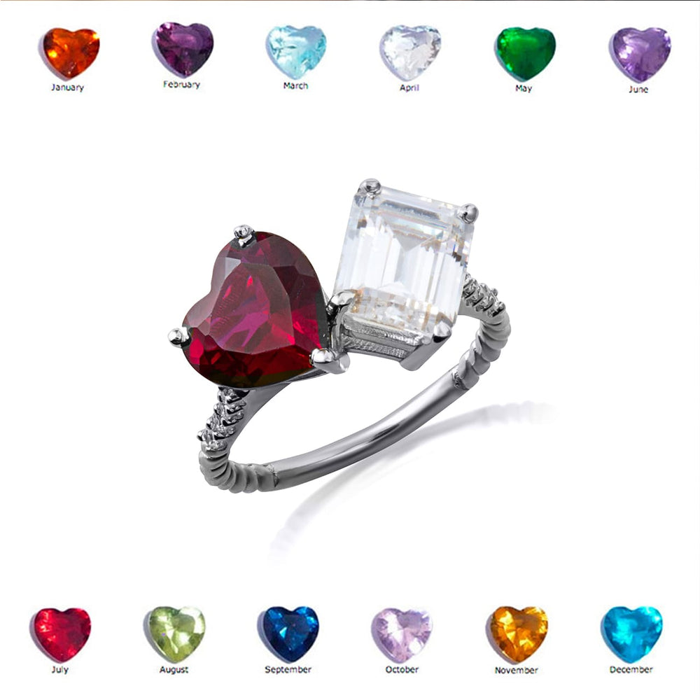 Sterling Silver Toi Et Moi Heart & Emerald Cut Gemstone Roped Twist CZ Ring