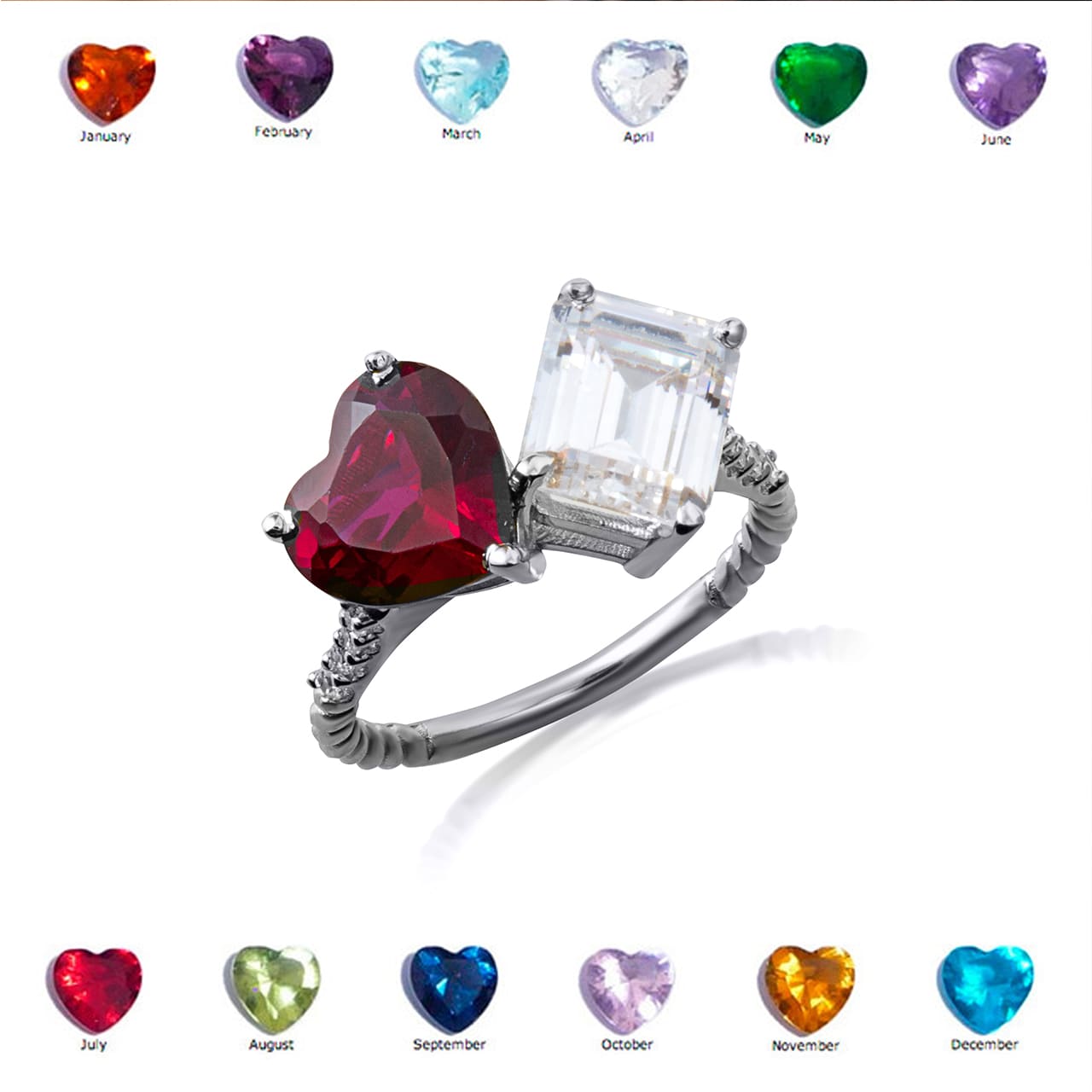 Sterling Silver Toi Et Moi Heart & Emerald Cut Gemstone Roped Twist CZ Ring