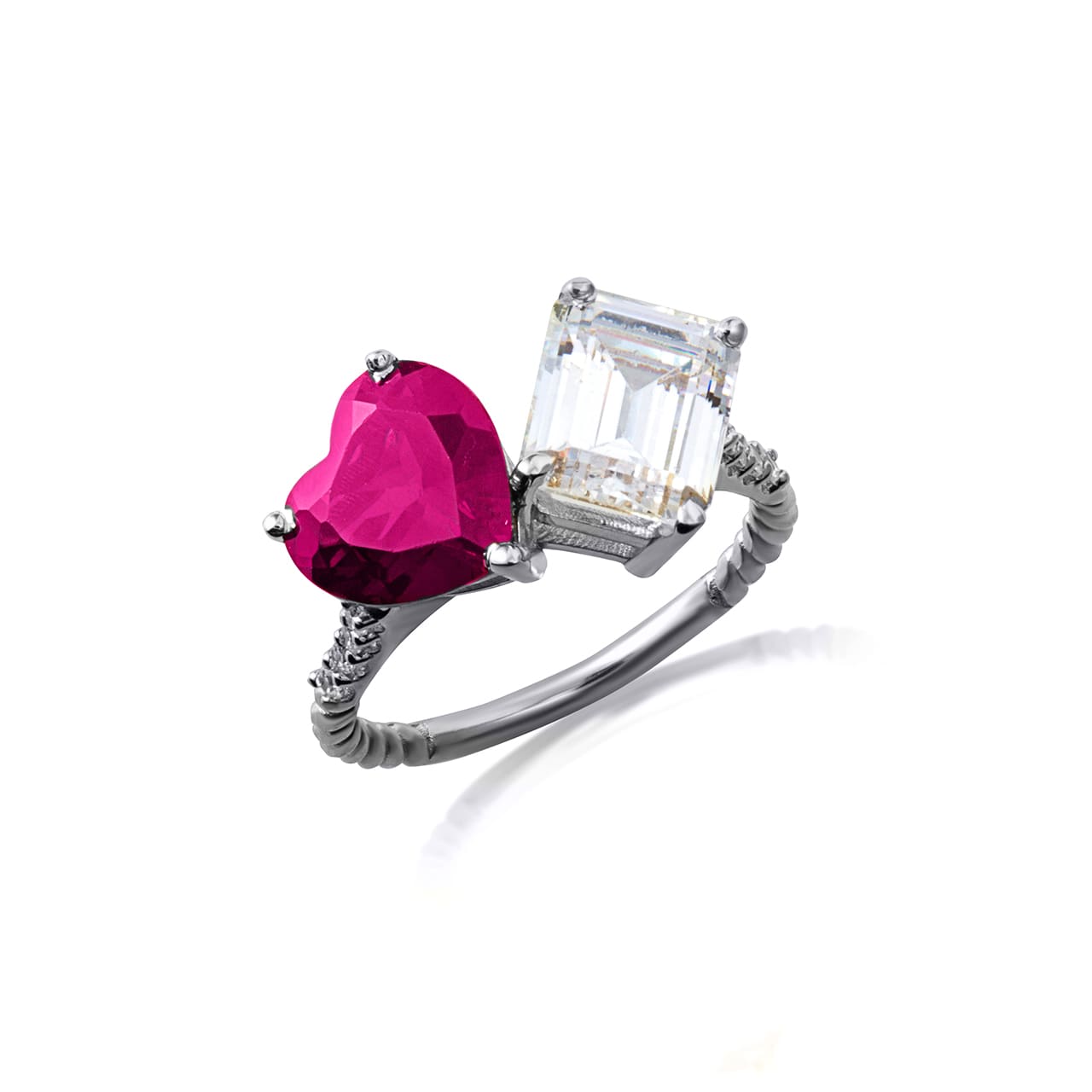Sterling Silver Toi Et Moi Heart & Emerald Cut Gemstone Roped Twist CZ Ring, view 3