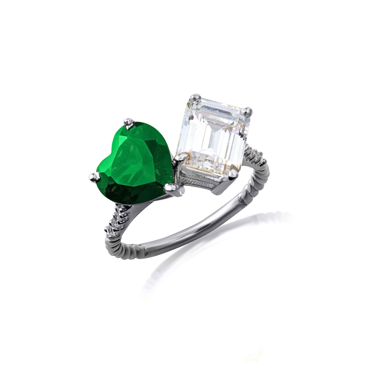 Sterling Silver Toi Et Moi Heart & Emerald Cut Gemstone Roped Twist CZ Ring, view 4