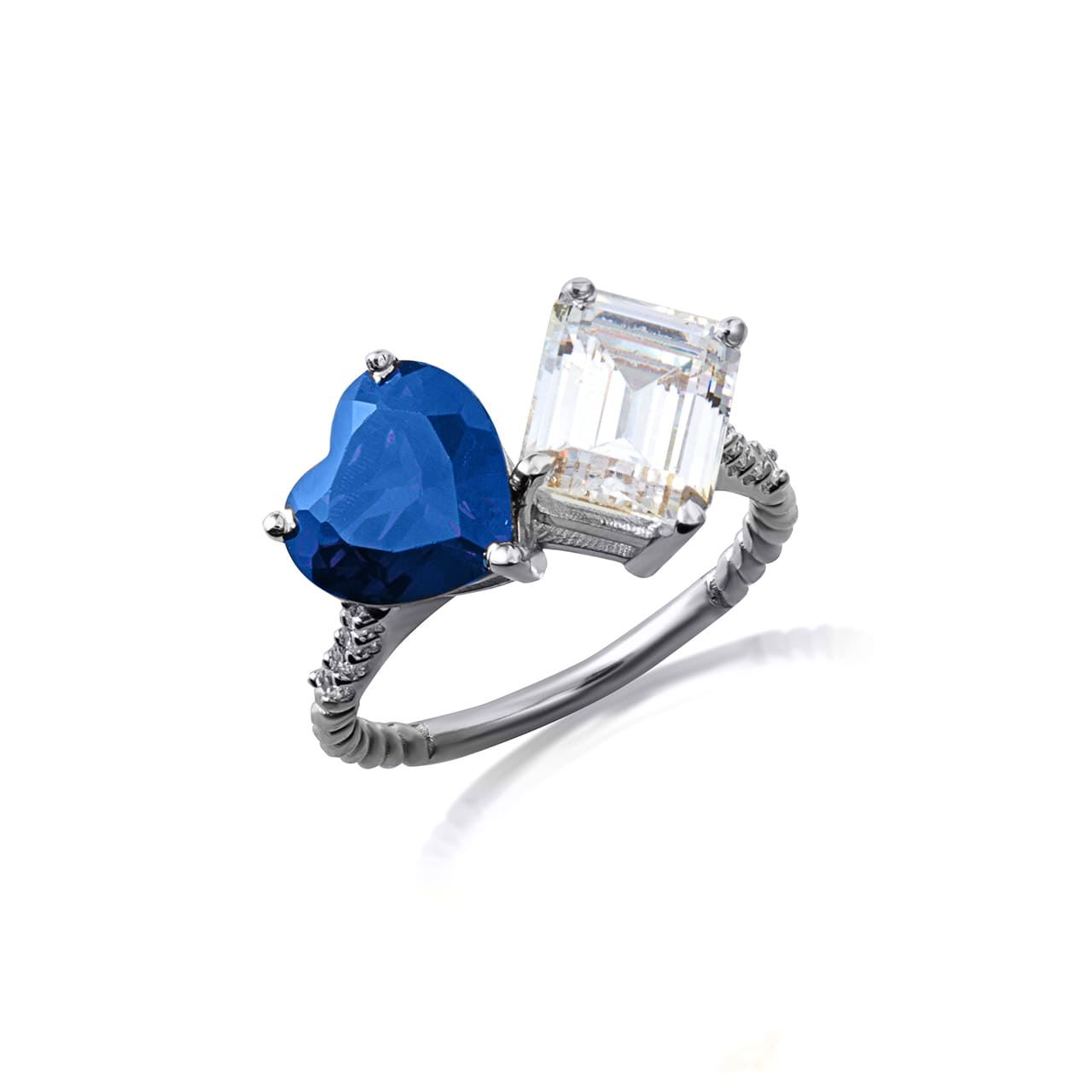 Sterling Silver Toi Et Moi Heart & Emerald Cut Gemstone Roped Twist CZ Ring, view 12