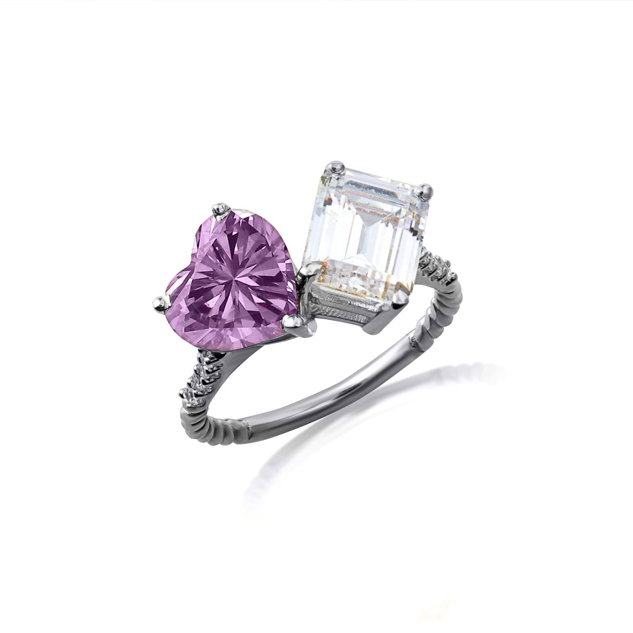 Sterling Silver Toi Et Moi Heart & Emerald Cut Gemstone Roped Twist CZ Ring, view 13