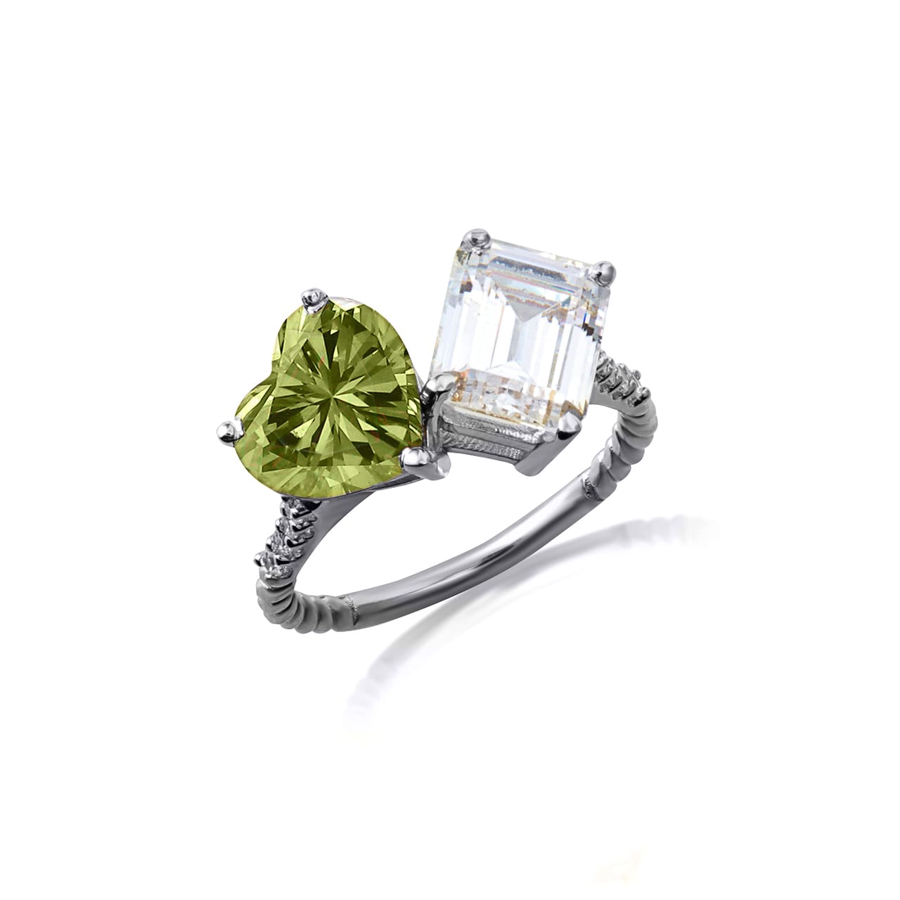 Sterling Silver Toi Et Moi Heart & Emerald Cut Gemstone Roped Twist CZ Ring, view 14