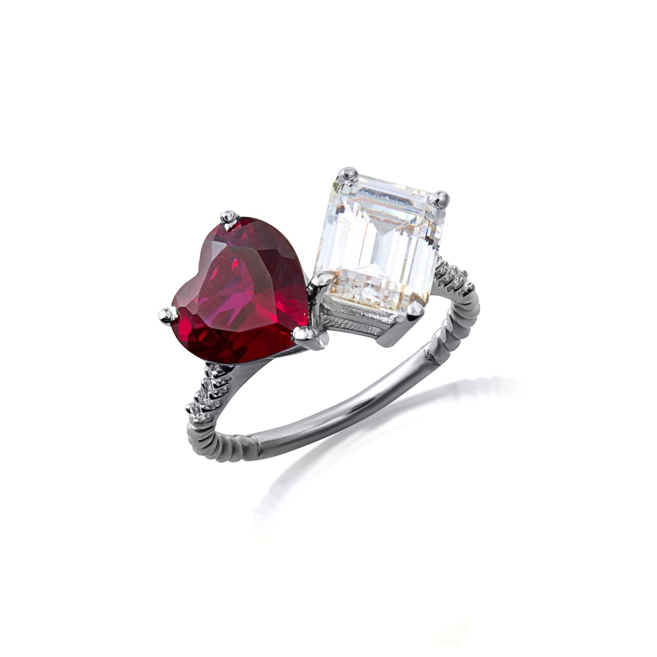 Sterling Silver Toi Et Moi Heart & Emerald Cut Gemstone Roped Twist CZ Ring, view 15