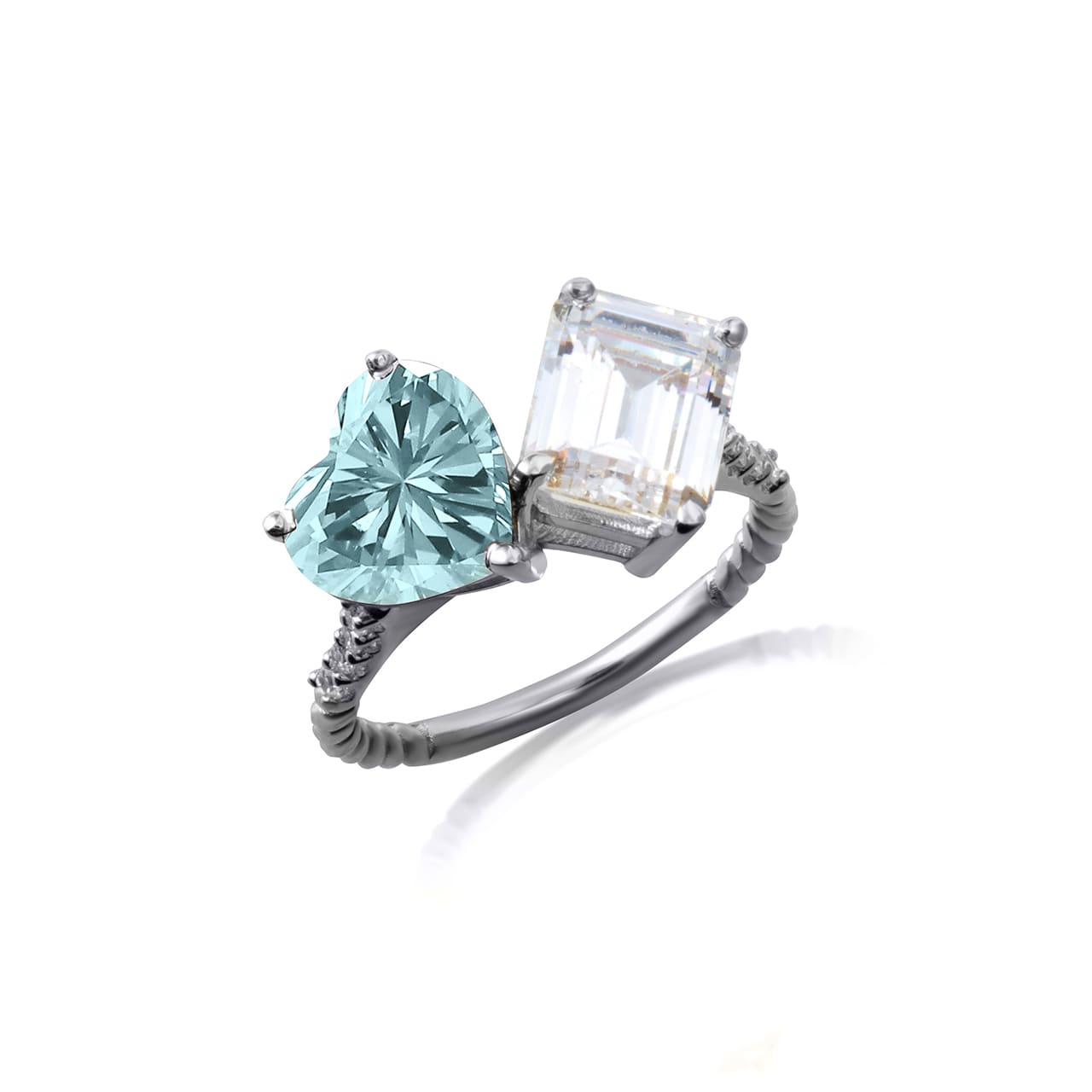 Sterling Silver Toi Et Moi Heart & Emerald Cut Gemstone Roped Twist CZ Ring, view 17