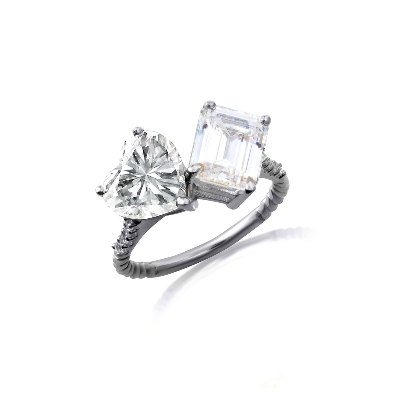 Sterling Silver Toi Et Moi Heart & Emerald Cut Gemstone Roped Twist CZ Ring, view 18