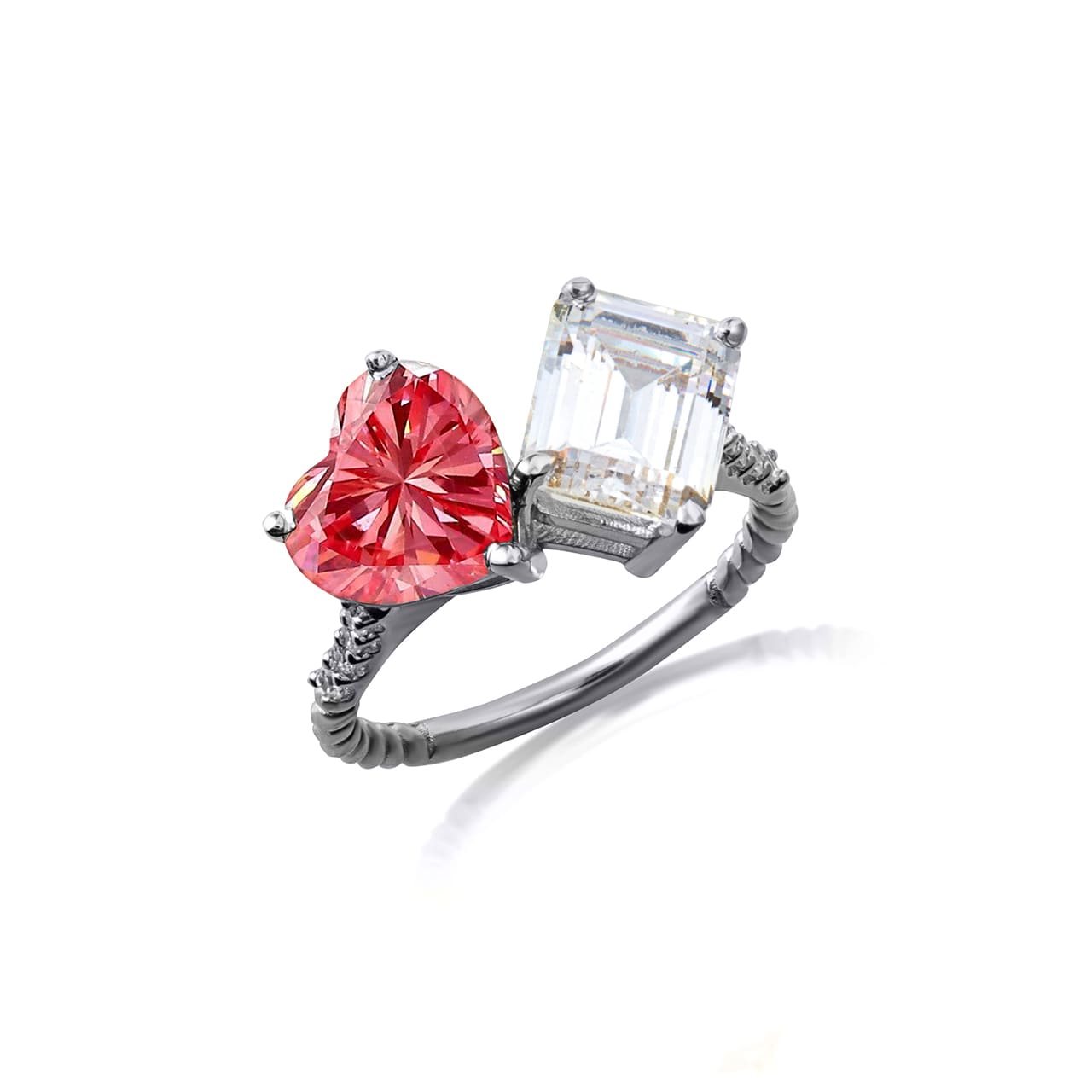 Sterling Silver Toi Et Moi Heart & Emerald Cut Gemstone Roped Twist CZ Ring, view 24