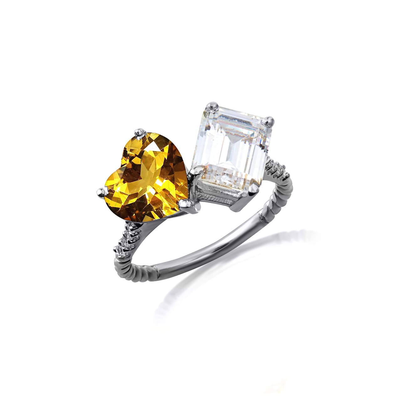 Sterling Silver Toi Et Moi Heart & Emerald Cut Gemstone Roped Twist CZ Ring, view 25