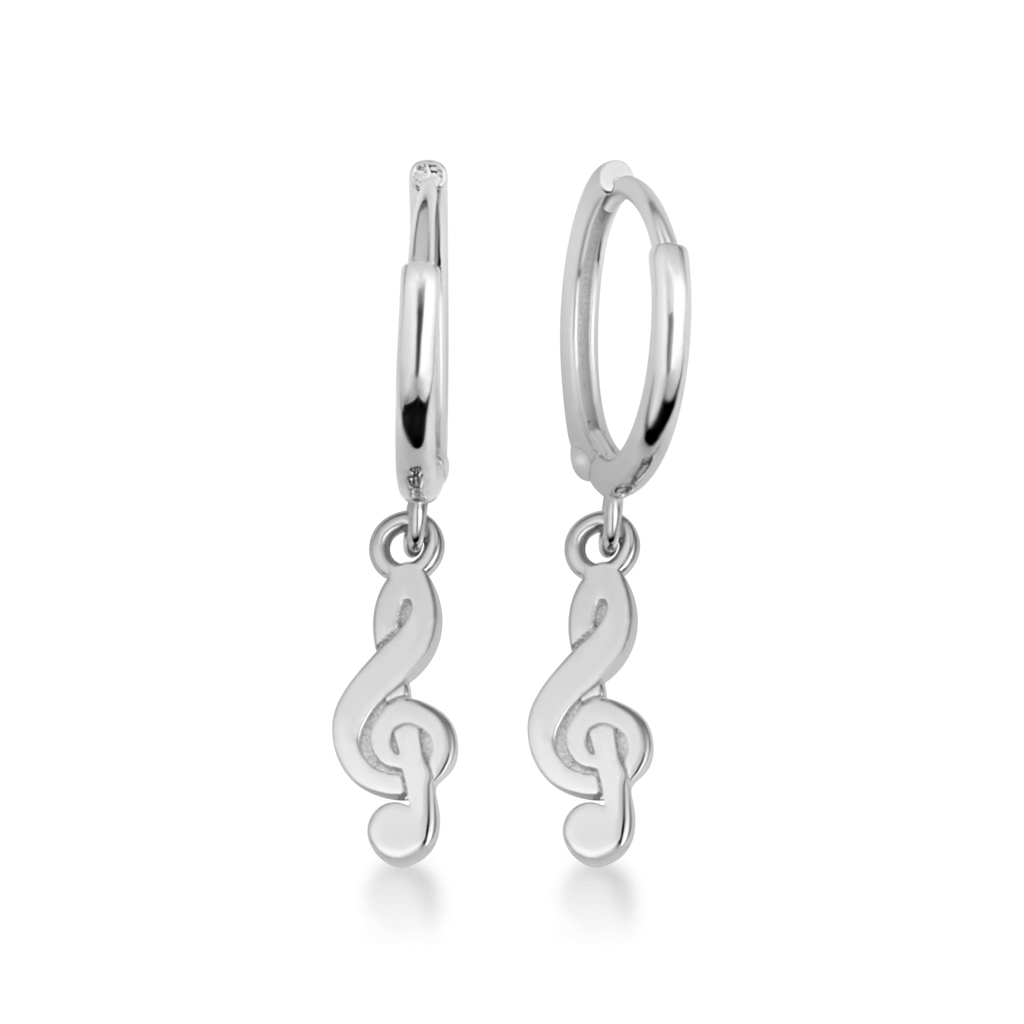 Sterling Silver Treble Clef Music G Note Drop Huggie Hoop Earrings