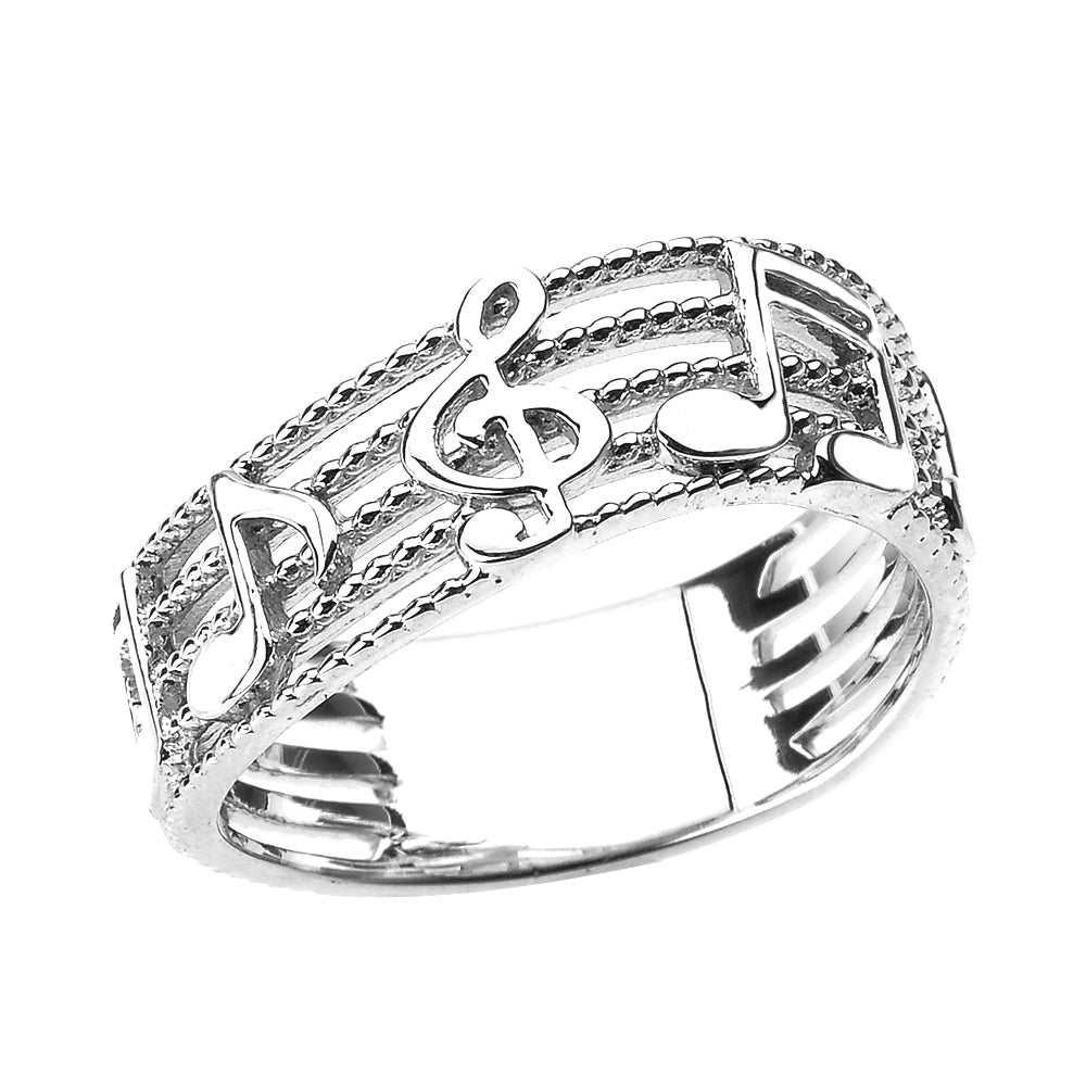 Sterling Silver Treble Clef with Musical Notes Wavy Band Ring 7.5 MM
