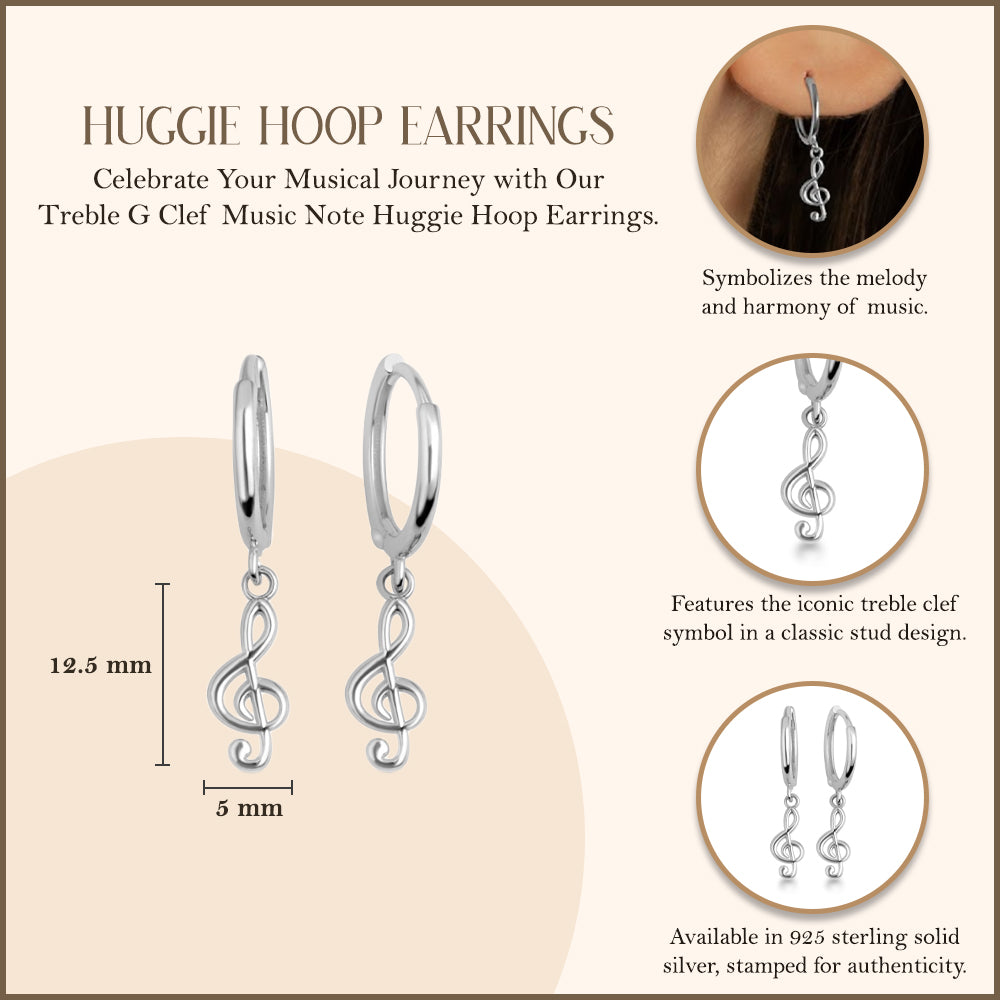 Sterling Silver Treble G Clef Music Note Huggie Hoop Earrings, view 3