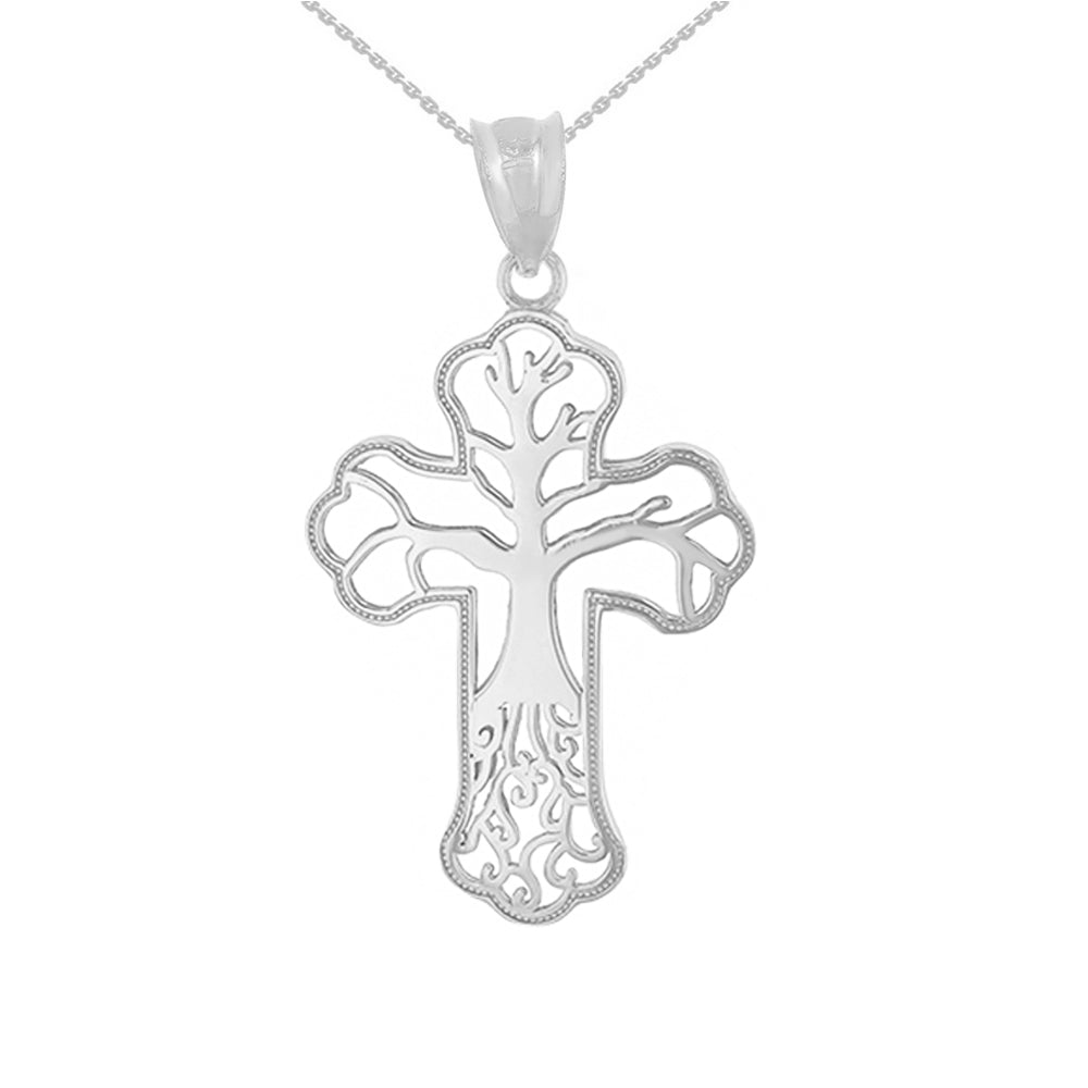 Sterling Silver Tree of Life Milgrain Cross Pendant Necklace