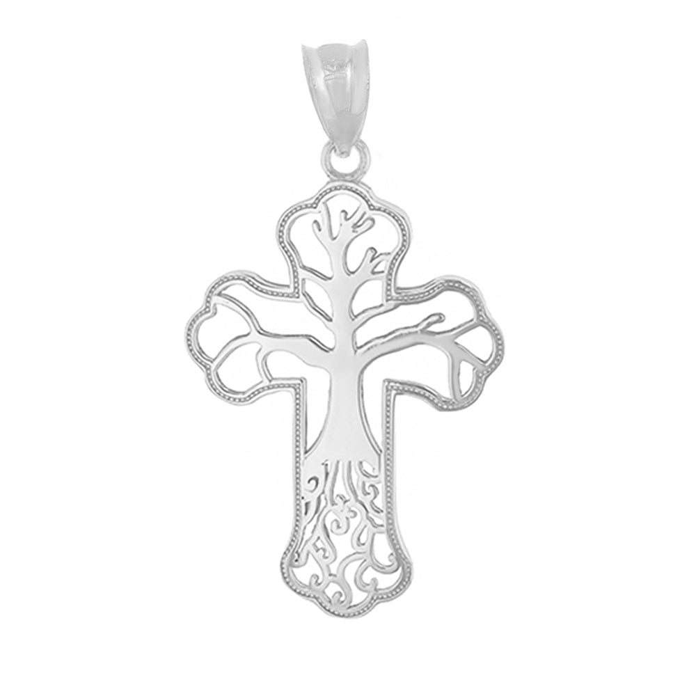 Sterling Silver Tree of Life Milgrain Cross Pendant Necklace, view 2