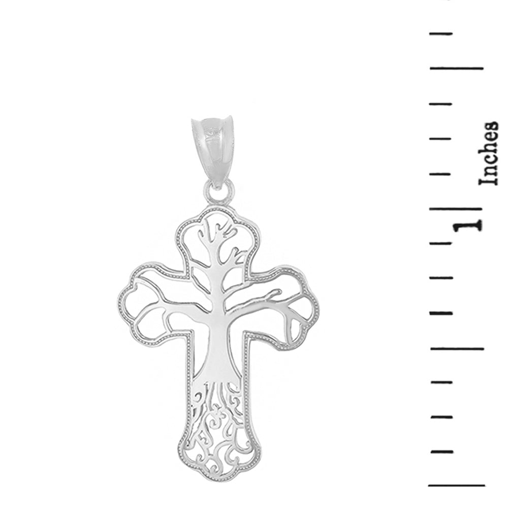Sterling Silver Tree of Life Milgrain Cross Pendant Necklace, view 3