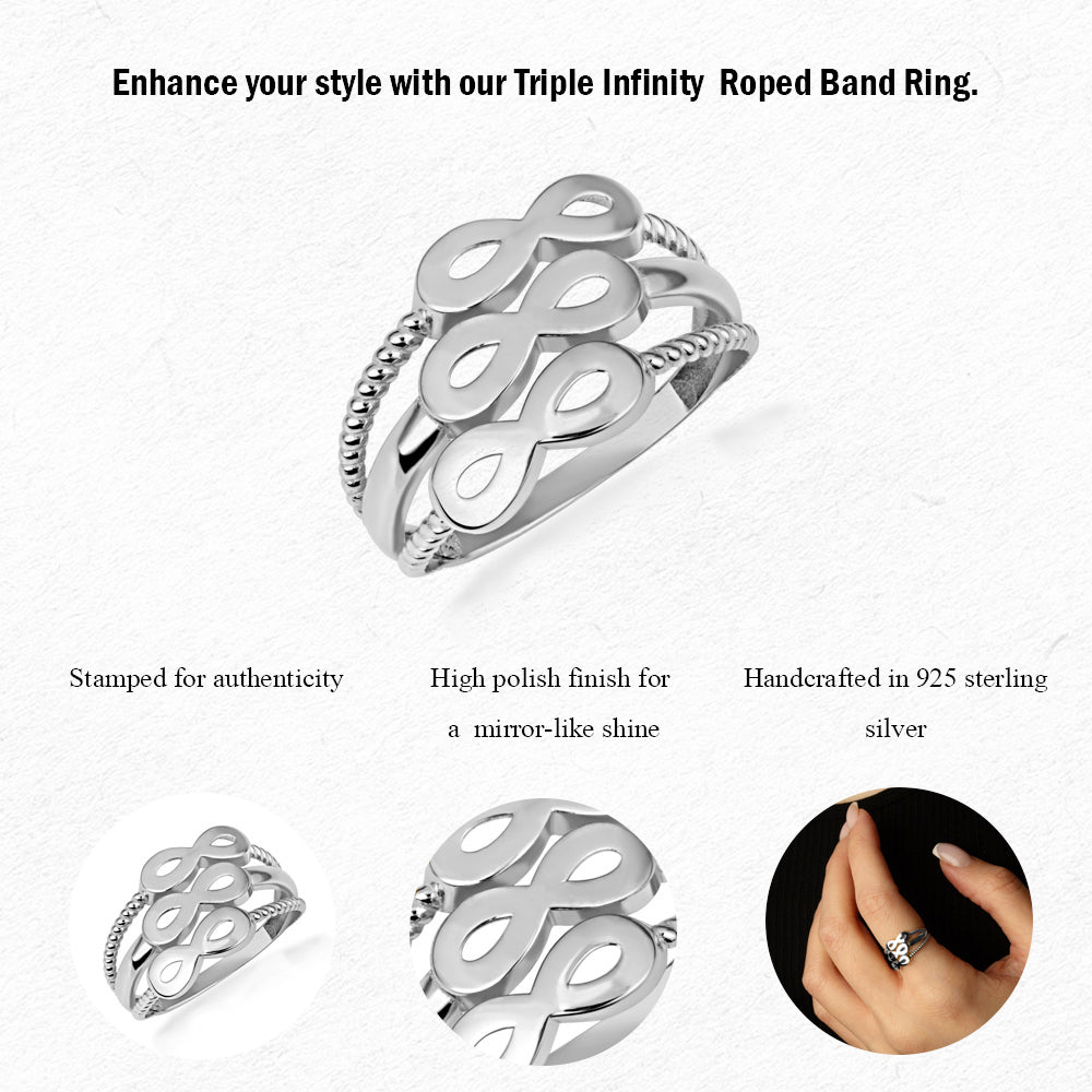 Sterling Silver Triple Infinity Multi Row Rope Band Ring, view 3