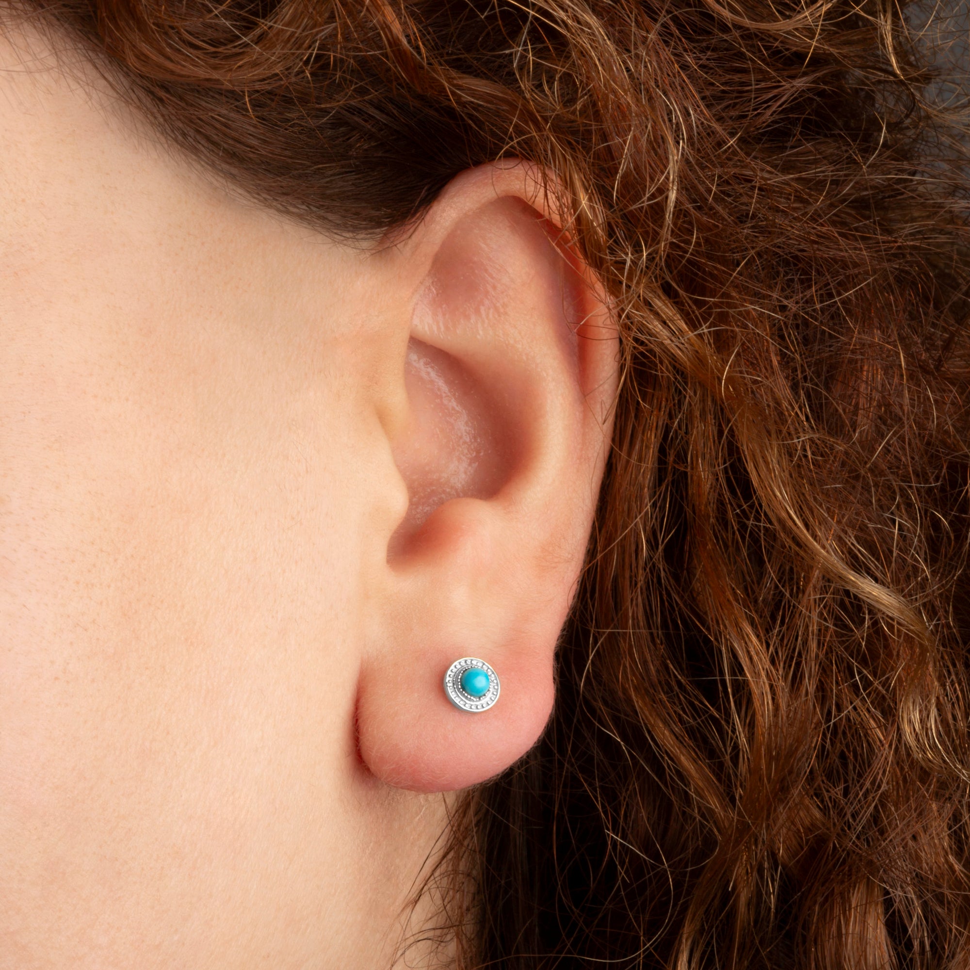 Sterling Silver Turquoise Gemstone Milgrain Stud Earrings, view 2