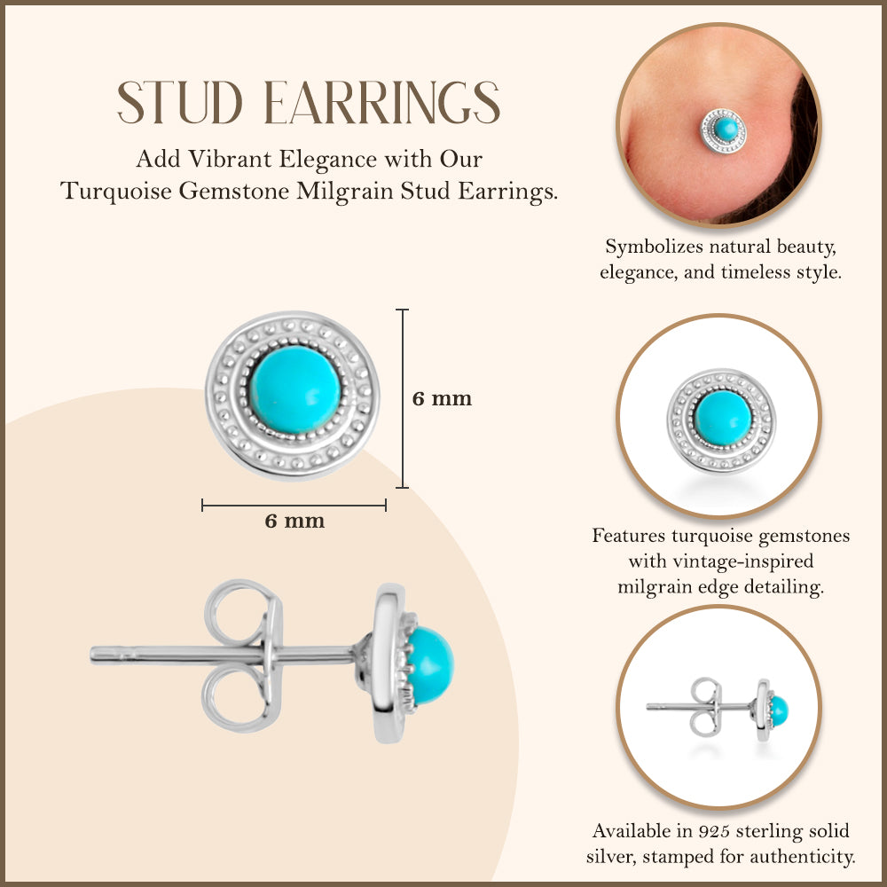 Sterling Silver Turquoise Gemstone Milgrain Stud Earrings, view 3