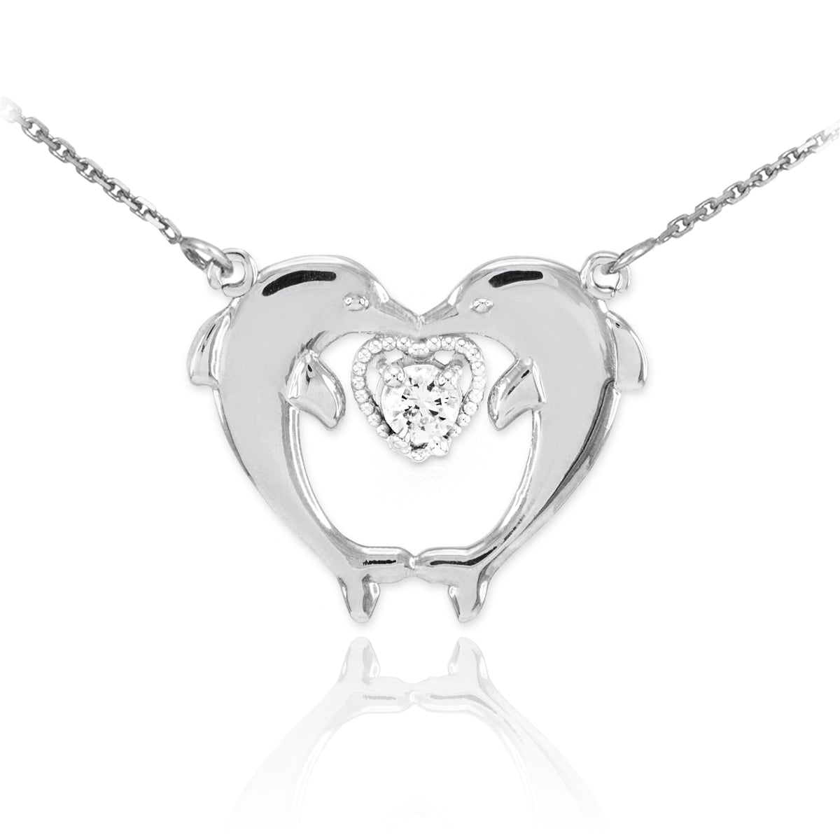 Sterling Silver Two Dolphins CZ Necklace