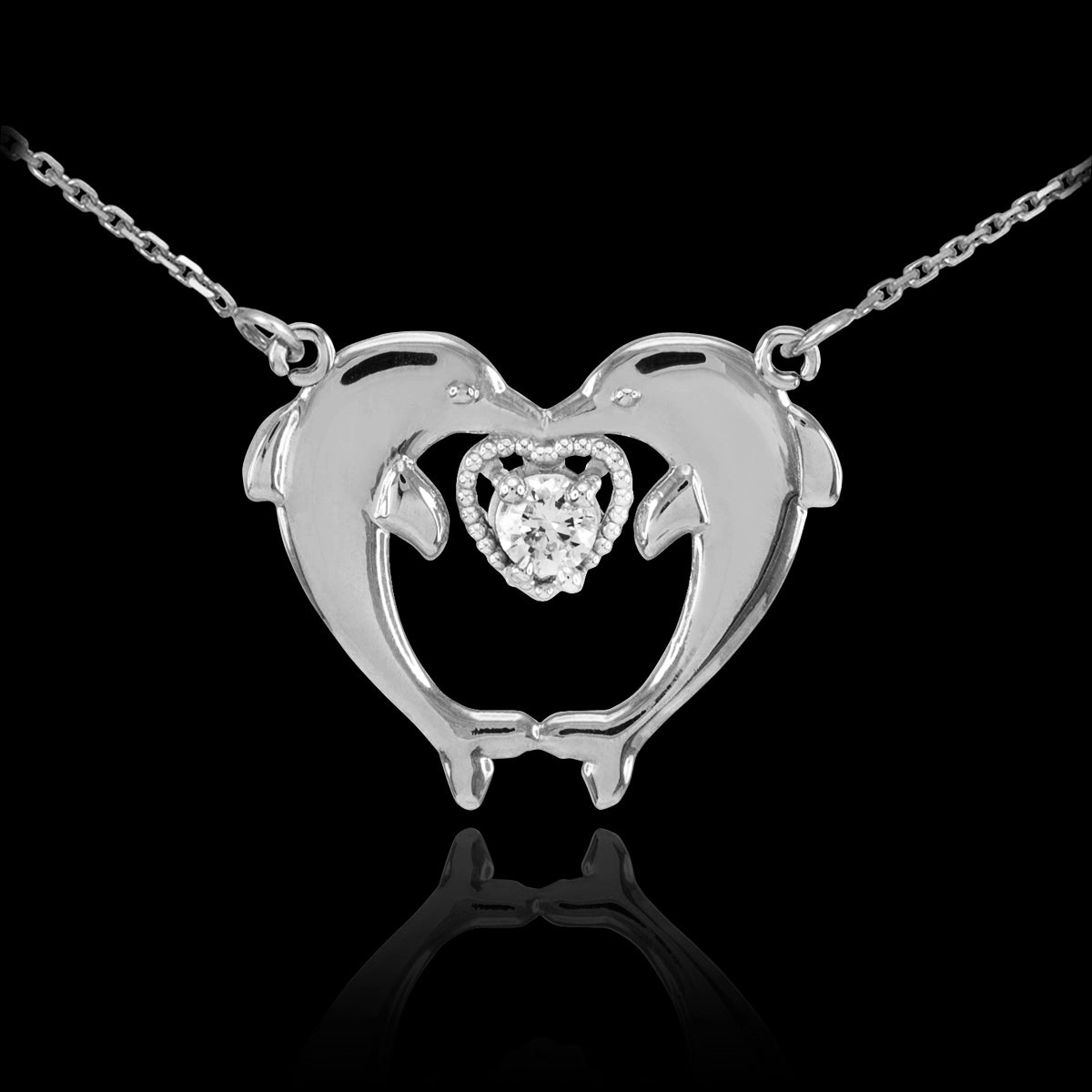 Sterling Silver Two Dolphins CZ Necklace, view 2