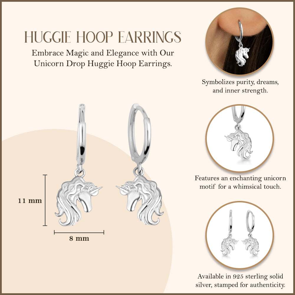 Sterling Silver Unicorn Drop Huggie Hoop Earrings, view 3