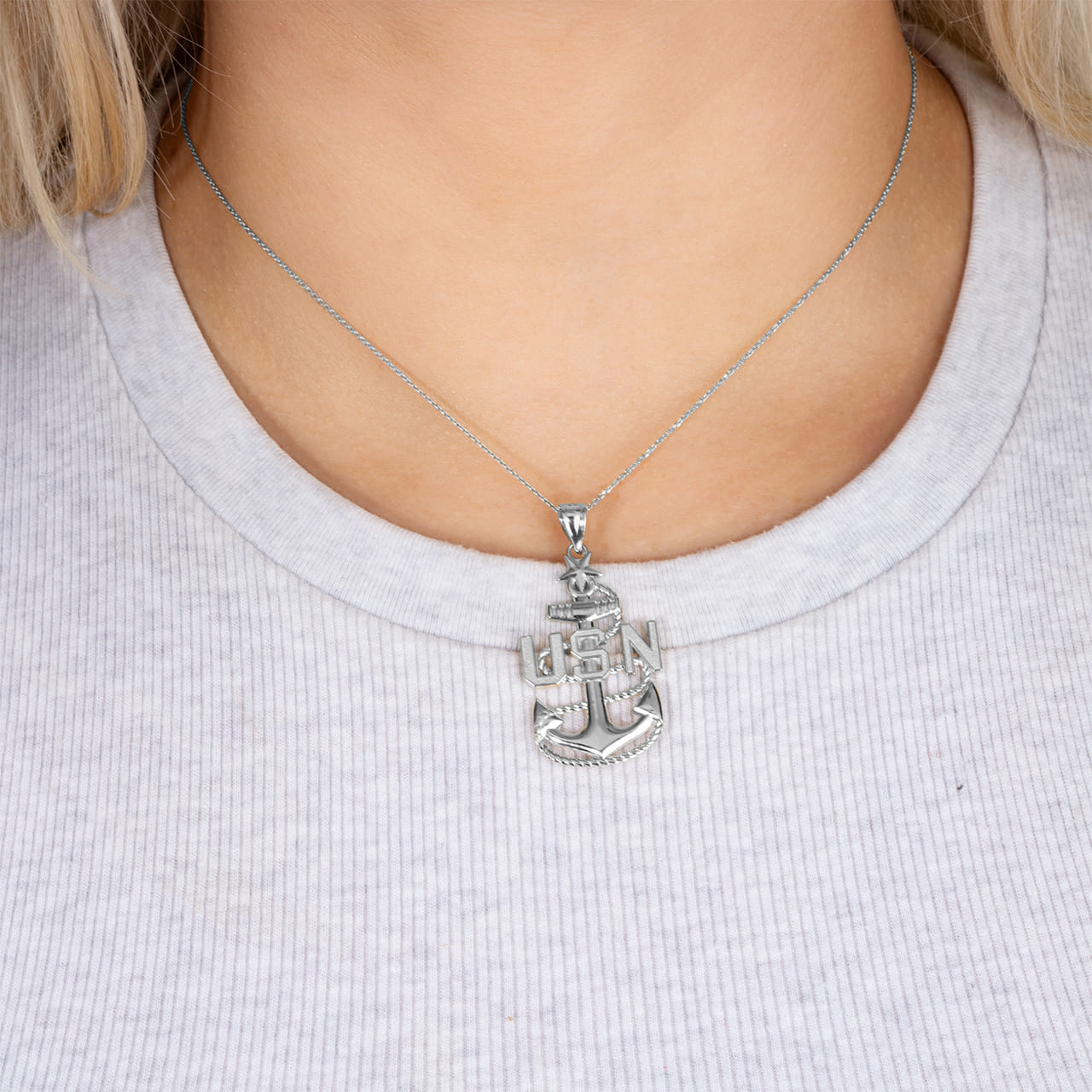 Sterling Silver United States Navy Fleet Senior Chief Petty Officer Officially Licensed Anchor Pendant Necklace, view 3