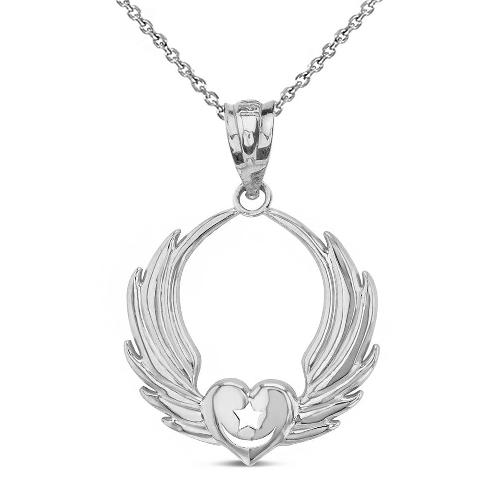 Sterling Silver Winged Heart with Star & Crescent Islam Sufi Order Pendant Necklace