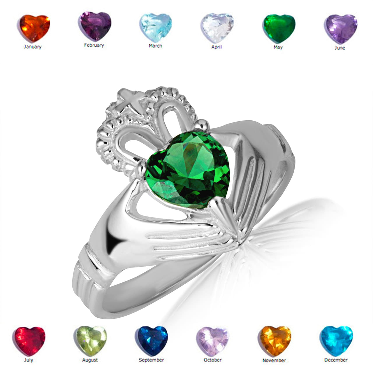 Sterling Silver Women's Elegant Claddagh Birthstone Heart Shape Ring