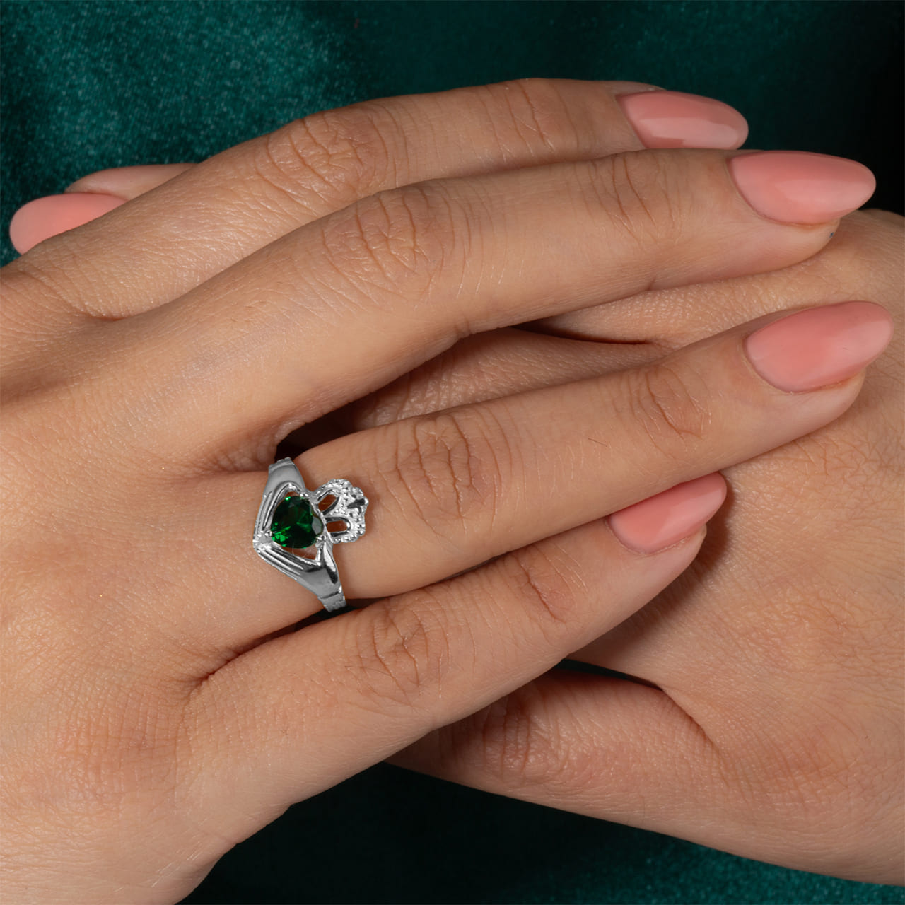 Sterling Silver Women's Elegant Claddagh Birthstone Heart Shape Ring, view 2