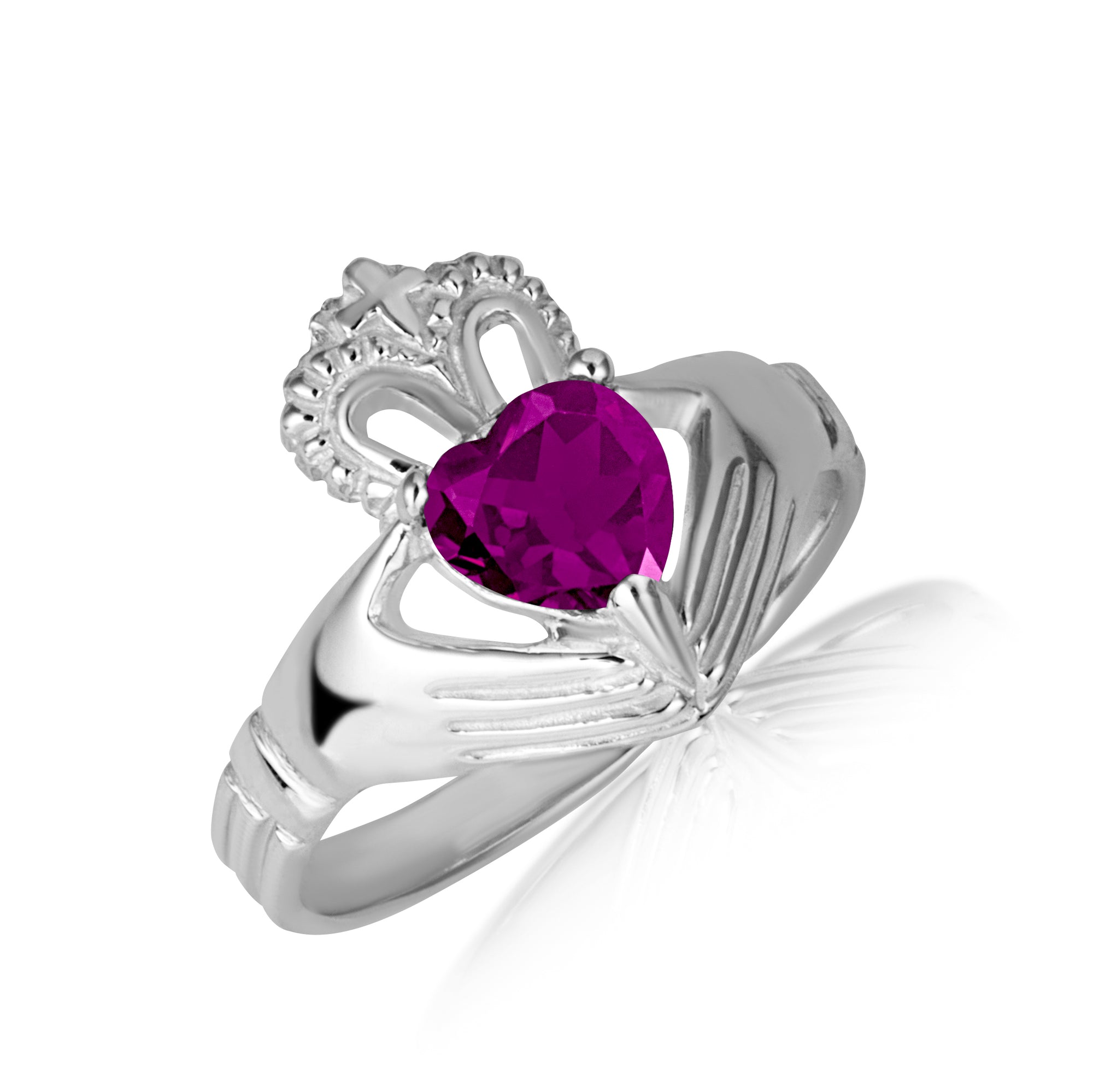 Sterling Silver Women's Elegant Claddagh Birthstone Heart Shape Ring, view 12