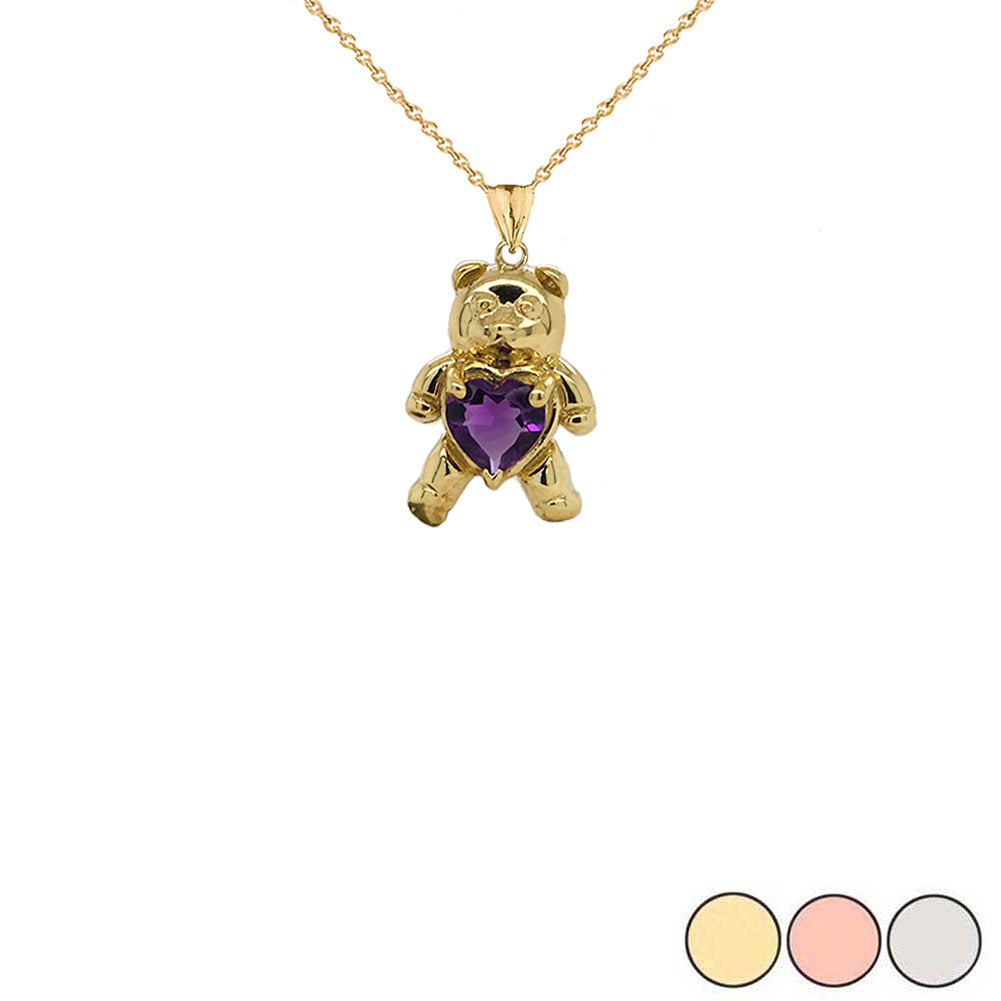 Teddy Bear Amethyst Heart Charm Pendant Necklace in Gold