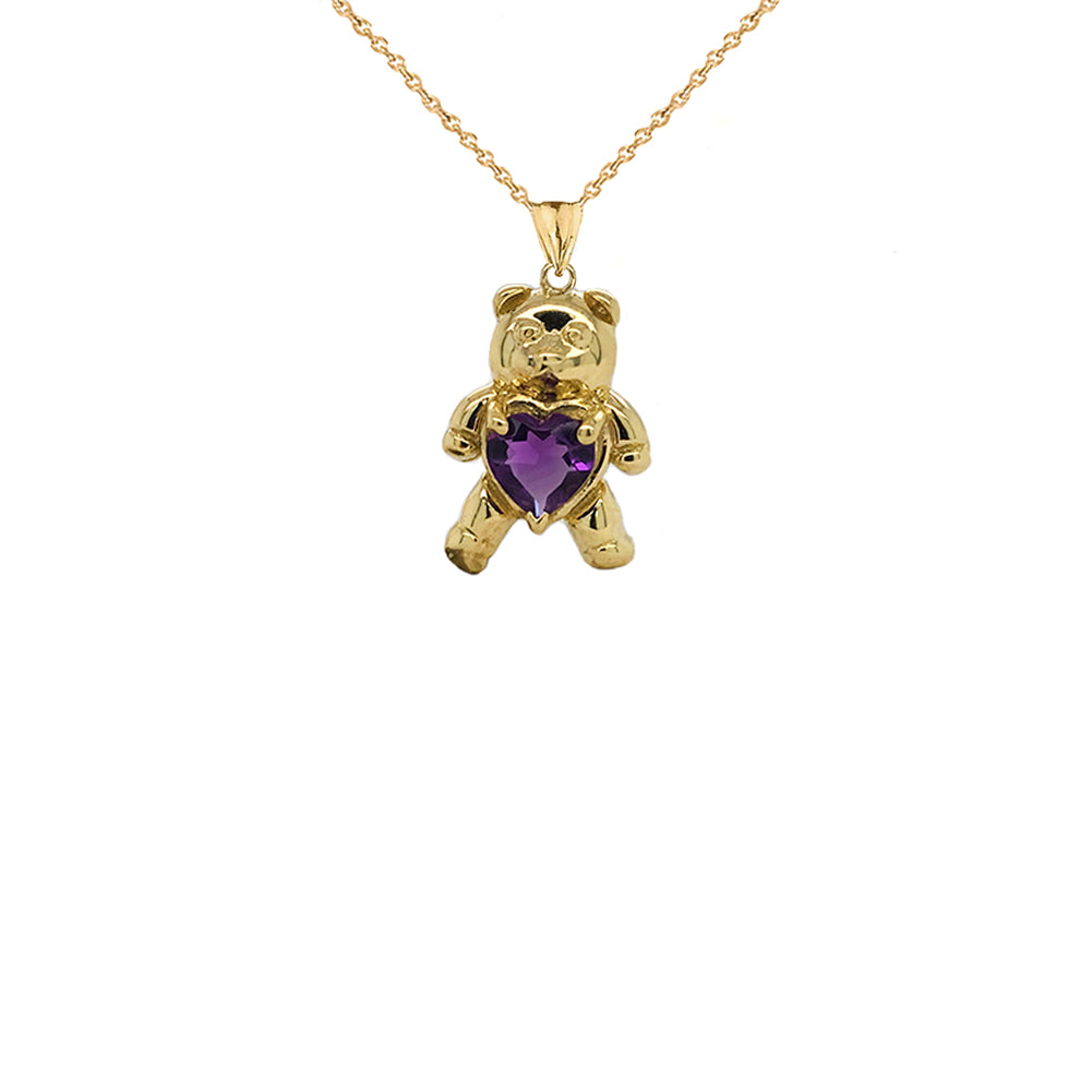 Teddy Bear Amethyst Heart Charm Pendant Necklace in Gold, view 2