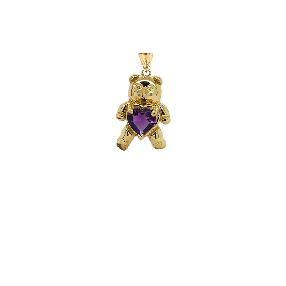 Teddy Bear Amethyst Heart Charm Pendant Necklace in Gold, view 3