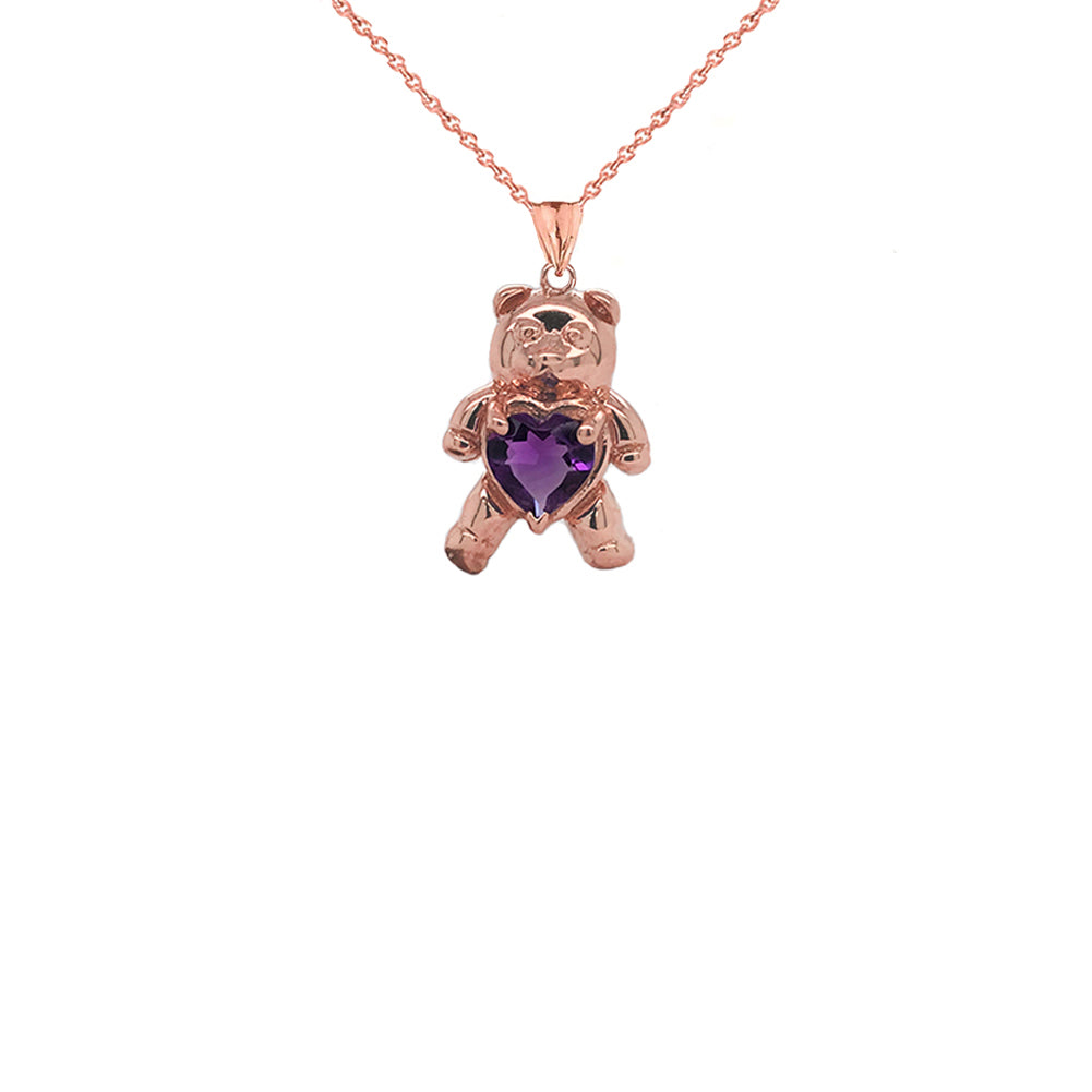 Teddy Bear Amethyst Heart Charm Pendant Necklace in Gold, view 4
