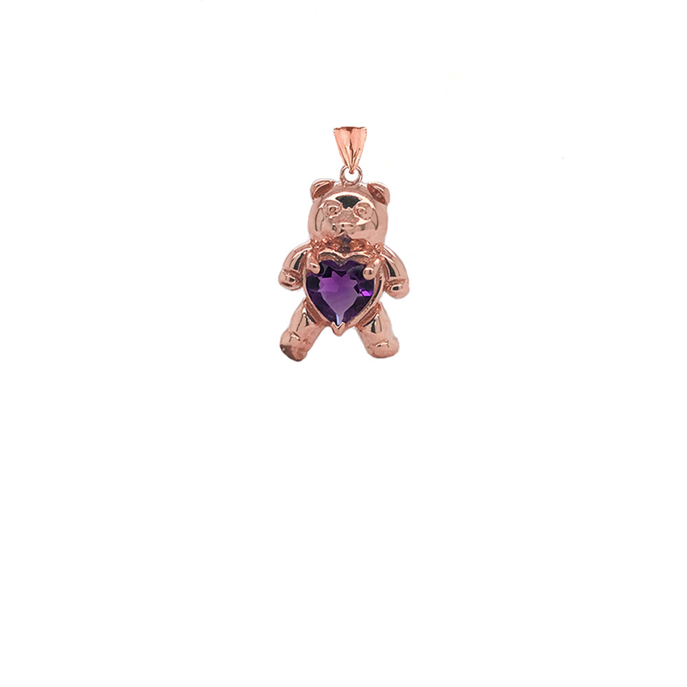 Teddy Bear Amethyst Heart Charm Pendant Necklace in Gold, view 5