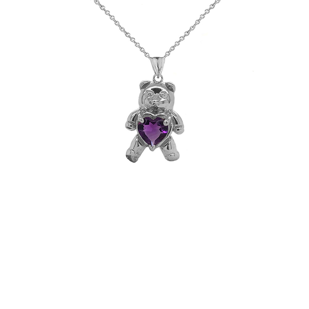 Teddy Bear Amethyst Heart Charm Pendant Necklace in Gold, view 6