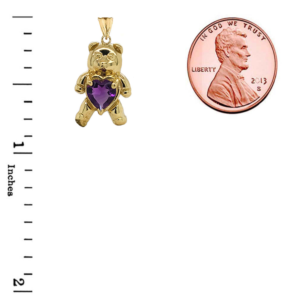 Teddy Bear Amethyst Heart Charm Pendant Necklace in Gold, view 8
