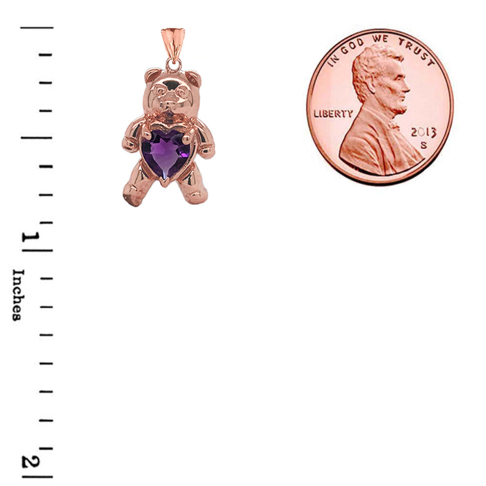 Teddy Bear Amethyst Heart Charm Pendant Necklace in Gold, view 9