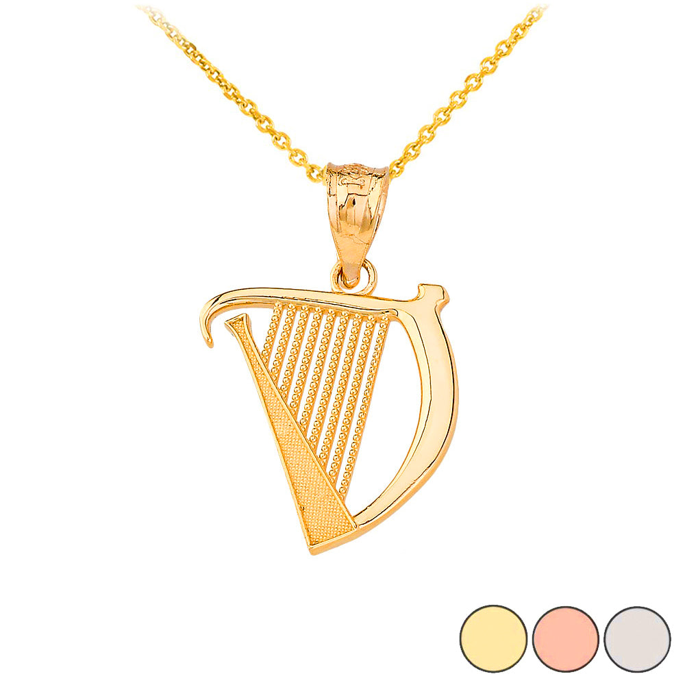 Textured Irish Harp Pendant Necklace in Gold
