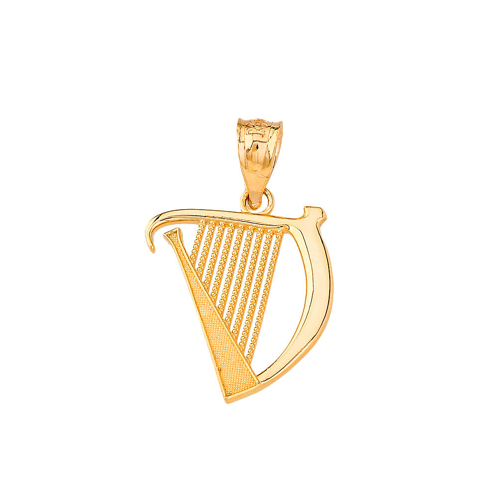 Textured Irish Harp Pendant Necklace in Gold, view 2