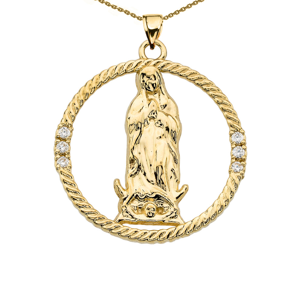 The Blessed Virgin Mary Diamond Gold Round Design Pendant Necklace