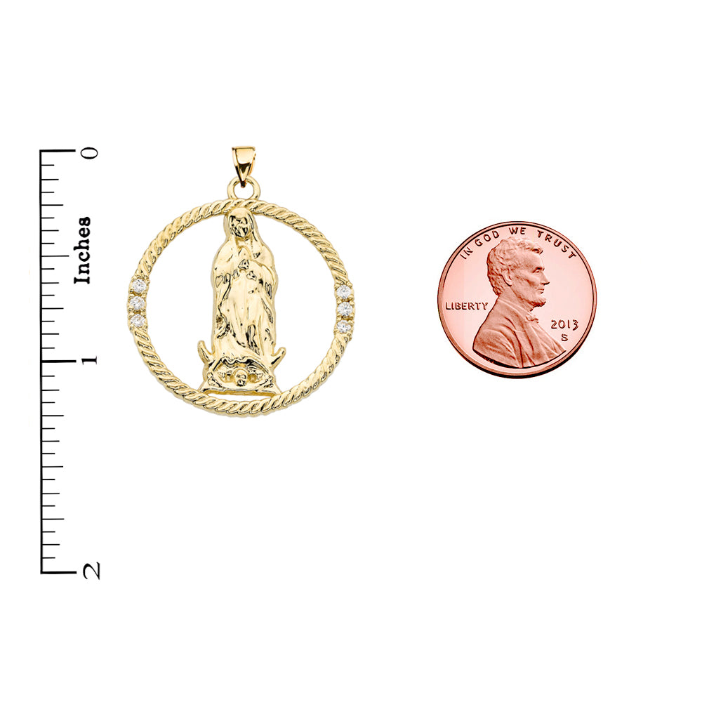 The Blessed Virgin Mary Diamond Gold Round Design Pendant Necklace, view 3