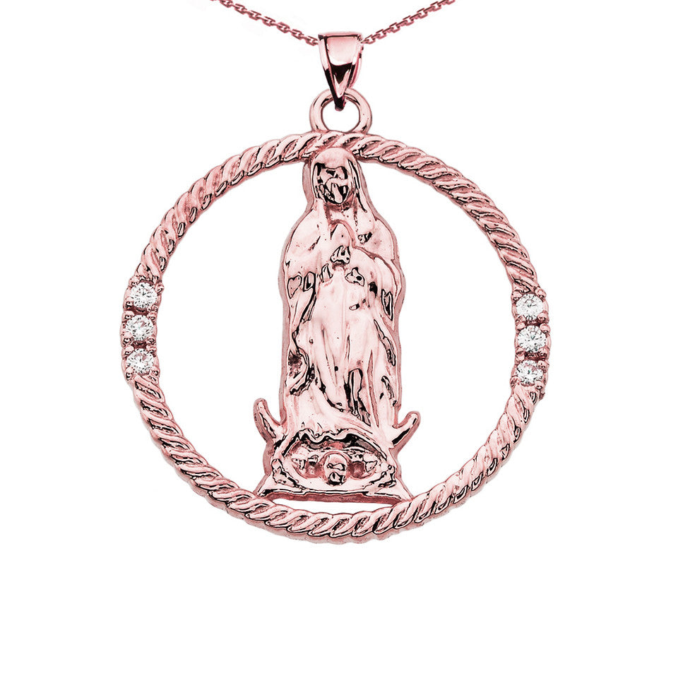 The Blessed Virgin Mary Diamond Gold Round Design Pendant Necklace, view 5