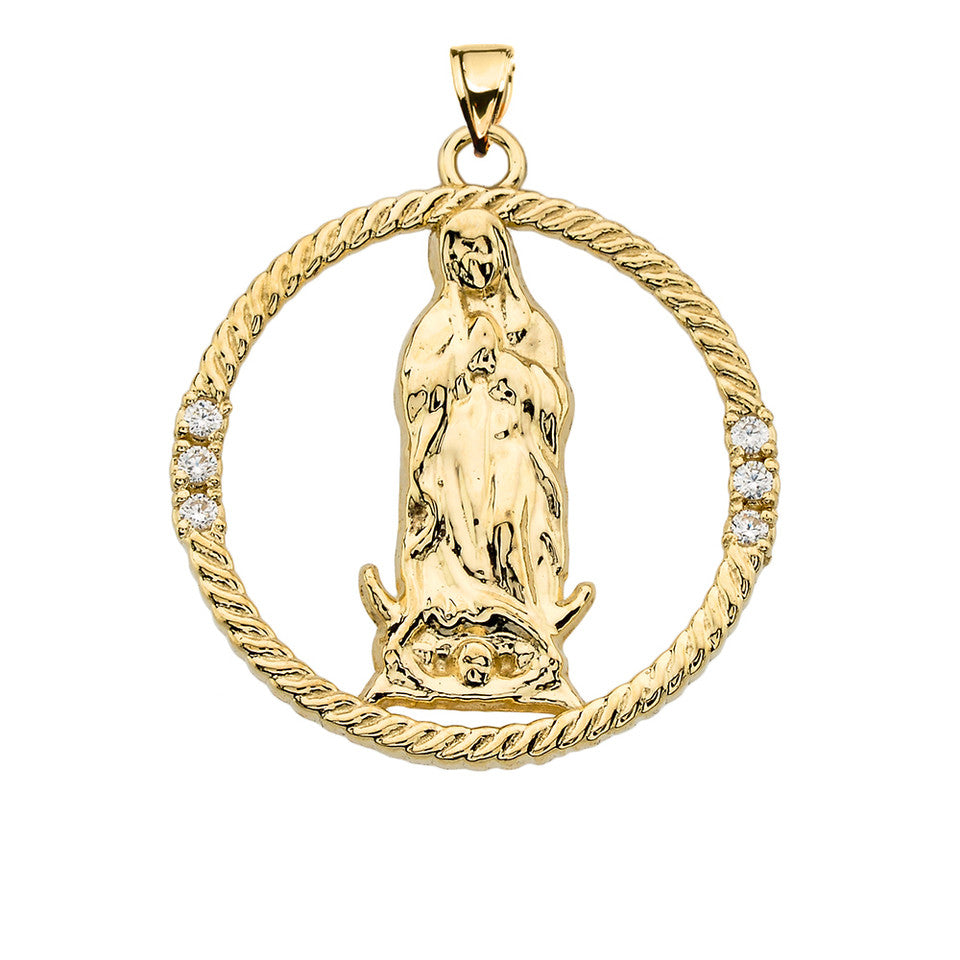 The Blessed Virgin Mary Diamond Gold Round Design Pendant Necklace, view 8