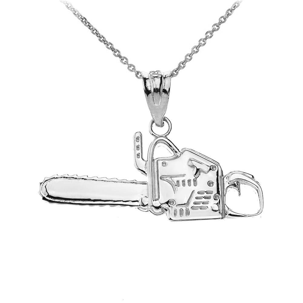 Timber Chainsaw Charm Pendant Necklace in Sterling Silver