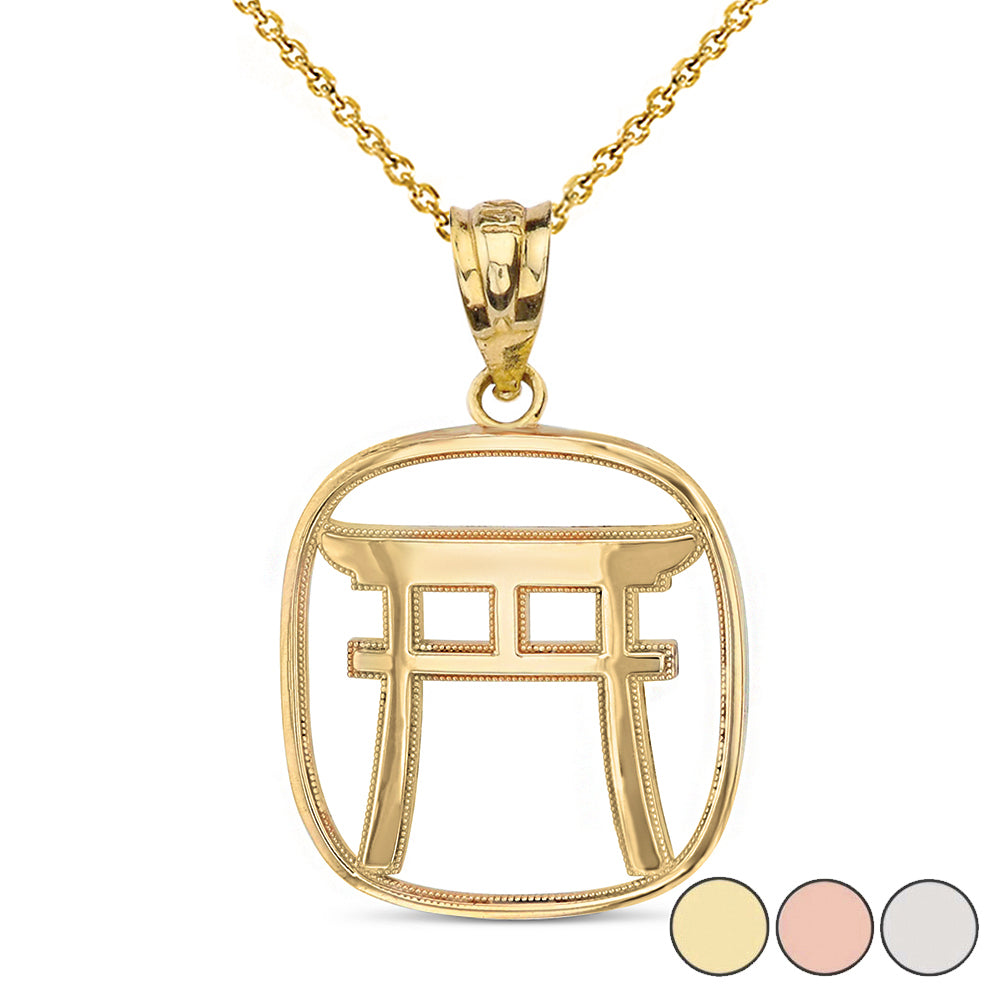 Torii Gate Japanese Symbol Shinto Shrine Pendant Necklace in Solid Gold