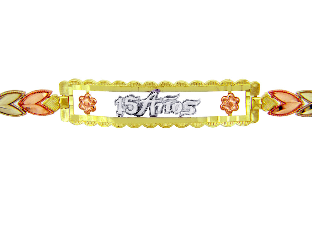 Tri-Color Gold 15 Años Flower Quinceañera Heart Link Bracelet