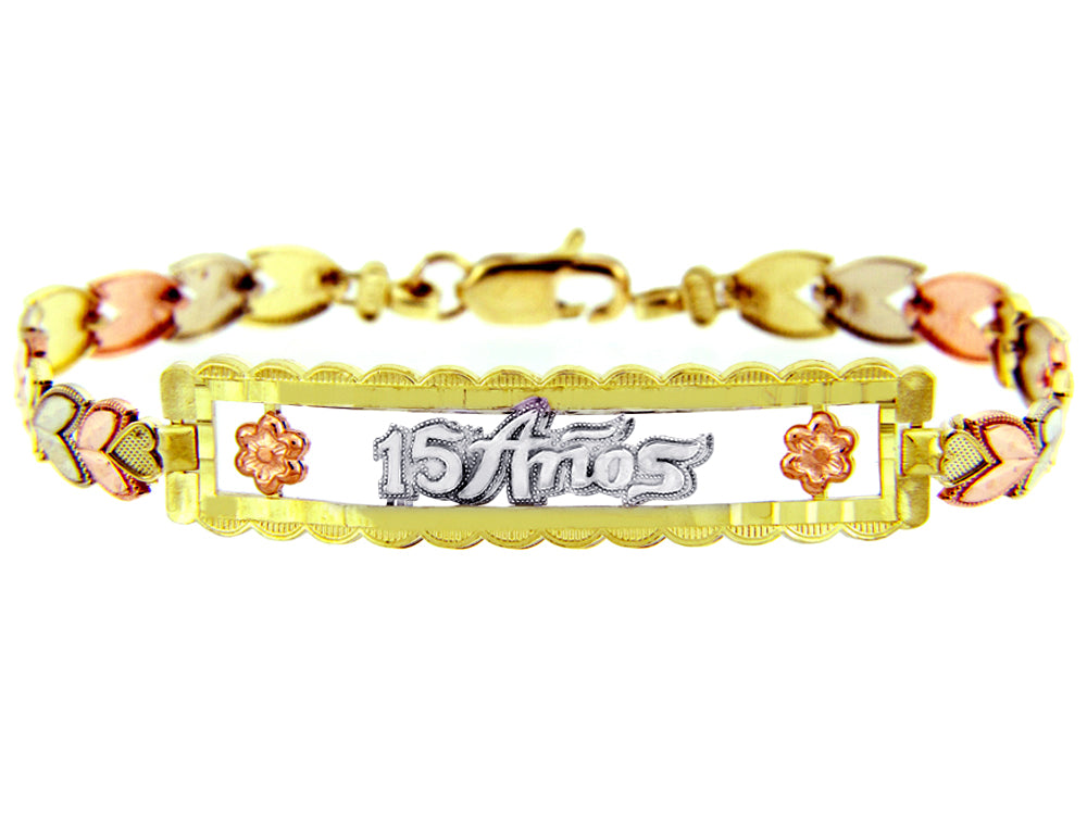 Tri-Color Gold 15 Años Flower Quinceañera Heart Link Bracelet, view 2