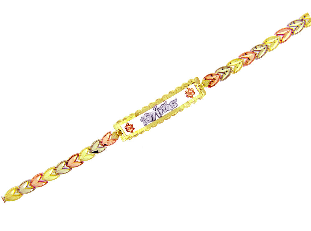 Tri-Color Gold 15 Años Flower Quinceañera Heart Link Bracelet, view 3