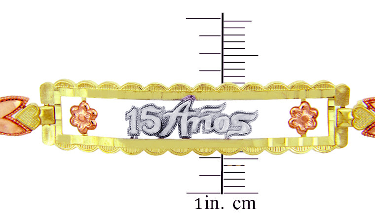 Tri-Color Gold 15 Años Flower Quinceañera Heart Link Bracelet, view 4