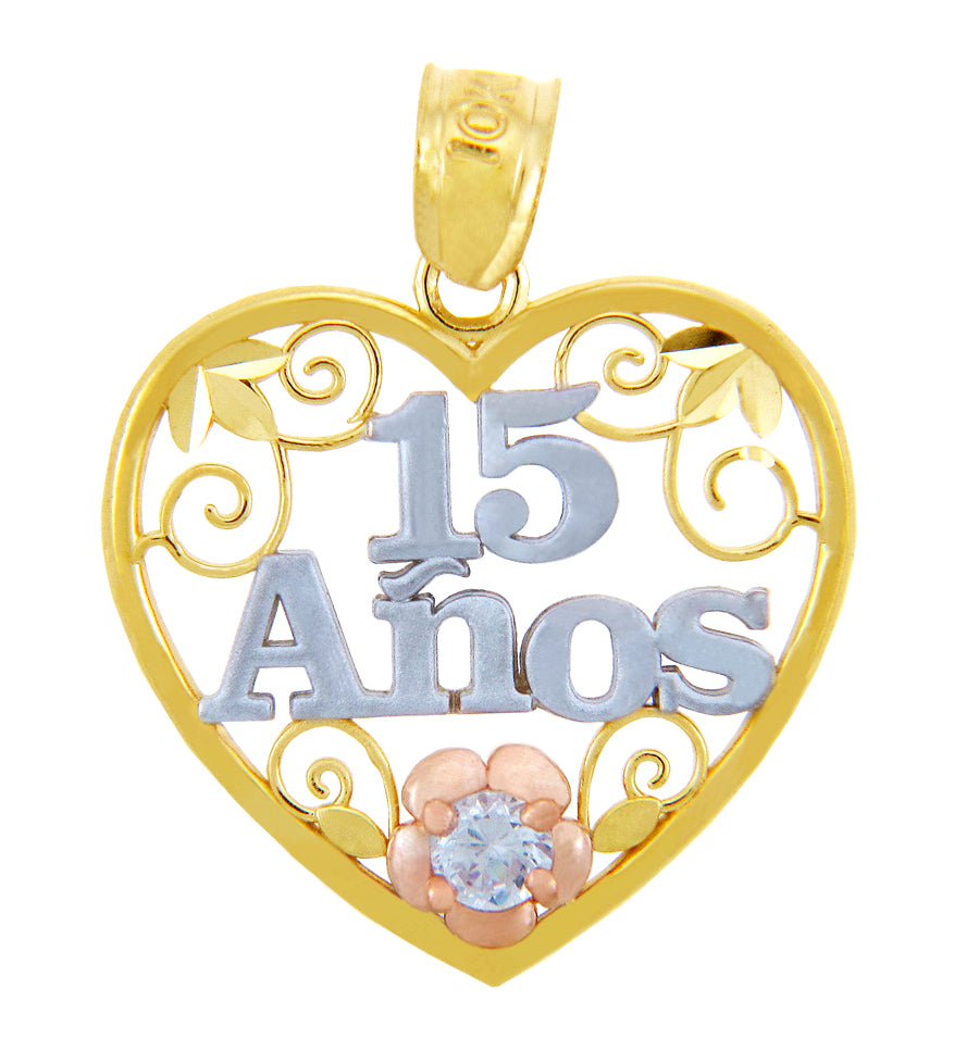 Tri-Color Gold 15 Años Quinceañera Heart Flower Cubic Zirconia Pendant Necklace